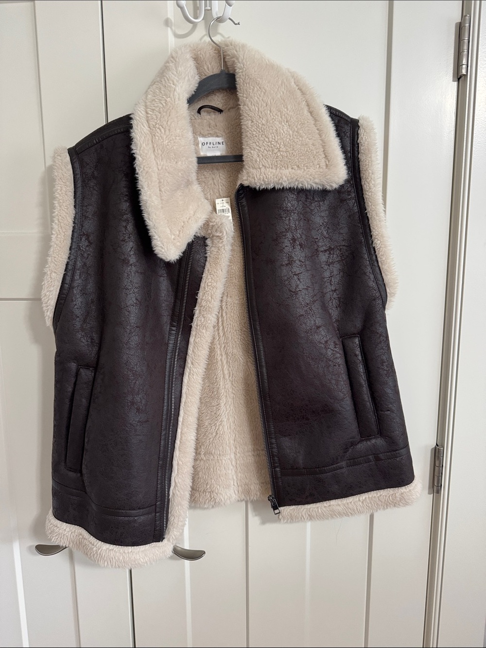 Offline Faux Shearling Vest in Cream and Dark Brown Trim - Picture 1 of 3